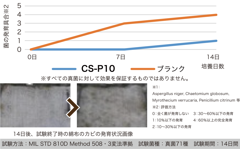 カーリフレッシュプロを施工した綿布において71菌種※1に対し、14日間（1年相当）後も高いカビ発育抑制効果が確認されました。